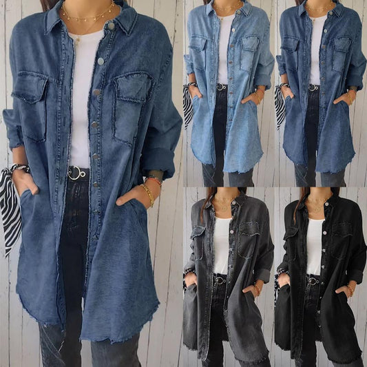 Kostenloser Versand 💥 Bequemes Revers-Mantelhemd aus Denim-Imitat für Damen